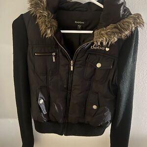 bebe Black Faux-Fur Trim Quilted Puffer Jacket